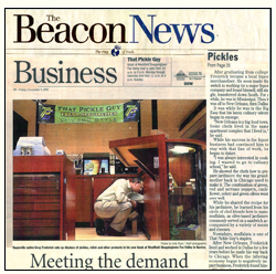 Click the image above to go to the Beacon News Paper Business Section coverage of Greg Frederick's &ndash; That Pickle Guy Products.